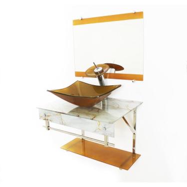 Imagem de Gabinete Vidro 60Cm Cuba Retangular Mármore Branco Dourado