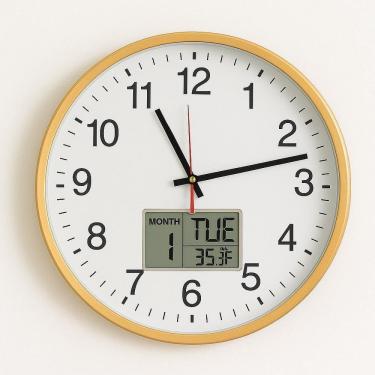Imagem de Relogio Dourado Analogico De Parede Calendario Termometro Digital Despertador Escritorio Sala Luxo