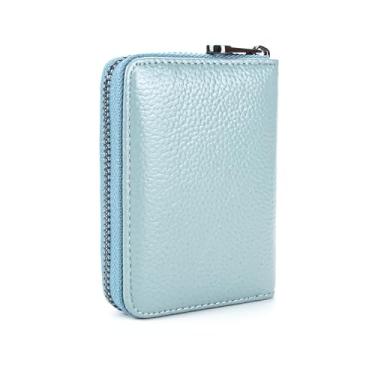 Imagem de Aiyo Fashion Carteira de couro genuíno com suporte para cartão de crédito com bloqueio de RFID, capa organizadora com zíper (azul claro)