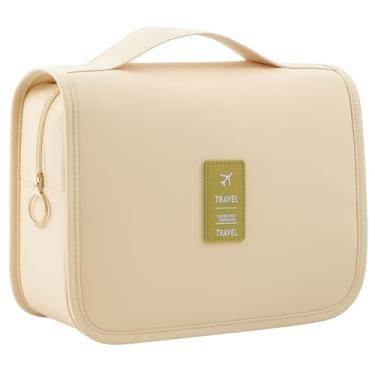 Imagem de Bolsa Necessaire Maquiagem Cosméticos Feminina Viagem Com Divisória e Cabide para Pendurar Organizador de Maquiagem Muito Espaço para Maquiagem Shampoo Perfumes Higiene Pessoal (Bege)