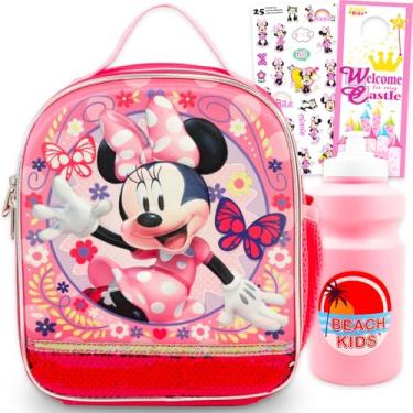 Imagem de Conjunto de lancheira Minnie Mouse para meninas – Pacote com lancheira Disney e adesivos, garrafa de água, mais | Lancheira Minnie Mouse, material escolar para crianças