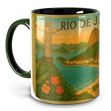 Imagem de Caneca Rio de Janeiro – Arte Vintage com Cristo Redentor, Pão de Açúcar e Tucano (Verde)