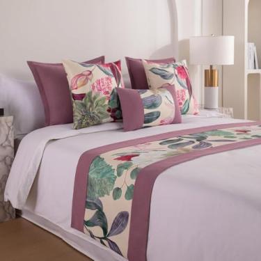 Imagem de HSTANGKY Corredor de cama caminho de cama luxo floral colcha decoração resistente à descoloração toalhas de cama elegantes roupa de cama protetora roxa, 50 x 240 cm para 1,8 m Bed