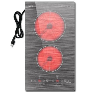 Imagem de Karinear Fogão elétrico de 2 bocas 110 V, bancada de 30 cm e topo de fogão elétrico embutido, fogão de cerâmica plug-in com trava de segurança infantil, temporizador, pausa, superfície de vidro lisa