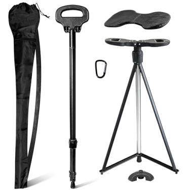 Imagem de FATTCHIAR Bengala de caminhada com assento, cadeira de bengala com capacidade de 150 kg, banquinho portátil dobrável e leve para adultos, idosos, acampamento, trilha-preto