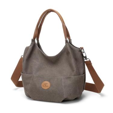 Imagem de RUMONTY Bolsa feminina de lona, bolsas Hobo, bolsas transversais, bolsa tiracolo com vários bolsos, bolsa média para compras, viagens, trabalho, marrom