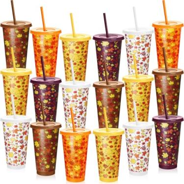 Imagem de Willinglong Copos de café reutilizáveis de outono com tampas e canudos 680 g folhas de bordo outono copos de plástico canecas a granel festa de ação de graças copos de água potável para bebidas frias