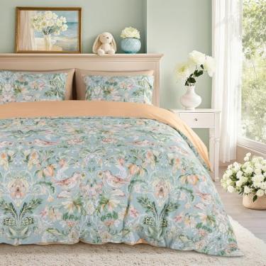 Imagem de Shilucheng Capa de edredom floral 100% algodão king size - 600 fios, capa de edredom respirável e refrescante com fecho de zíper, capas de edredom de cama de hotel 3 peças com sussurros de asas e