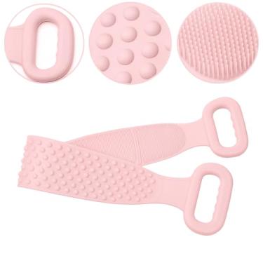 Imagem de Esponja de Banho Flexível em Silicone com Alça Dupla – Massageador Esfoliante Corporal para Costas e Pele (Rosa)
