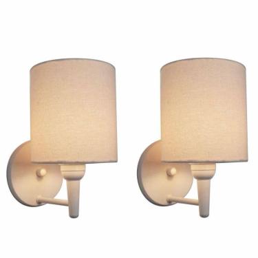 Imagem de Kit-2 Arandela Cilíndrica Md-2009 Base Branco Cúpula Em Tecido 14x15cm Algodão Crú - Bivolt