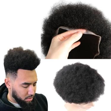 Imagem de lumeng Perucas masculinas pretas Afro Toupee 4 mm peruca cacheada transparente HD Lace Hair Piece Man Weave Unidade de cabelo masculino careca 20 x 25 cm Sistemas de substituição 360 tece 100% cabelo