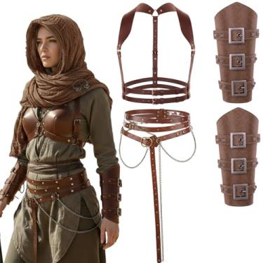 Imagem de Yearntown Conjunto de fantasia apocalíptica de Halloween, xaile medieval com capuz e broche viking, acessórios para cachecol renascentista, Café, One Size