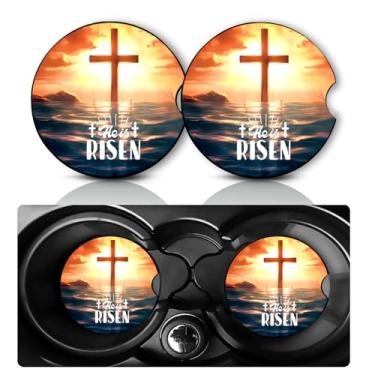 Imagem de Pacote com 2 porta-copos para copo de carro cristão com cruz da Bíblia 7 cm tapete de borracha antiderrapante universal presentes religiosos para mulheres homens neoprene carros porta-copos Jesus