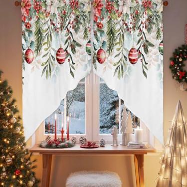 Imagem de Cortina de Natal, bolas de eucalipto, folhas de eucalipto, sanefas de cozinha, cortinas com bolso para varão, par de camadas, topper, poinsétia vermelha de inverno, 2 painéis, tratamento de janela