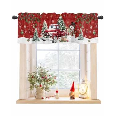 Imagem de LaBLUUX Sanefas vermelhas de Natal para janelas, caminhão de Natal, boneco de neve, árvores, bolas, presente, flocos de neve, retrô, cortina de bolso para varão, sanefa, tratamento de janela, cortinas