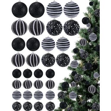 Imagem de Sonwyoung 32 bolas de Natal para pendurar – 3 tamanhos com glitter pérola e lantejoulas enfeites de árvore de Natal bolas de pérolas para guirlanda de árvores de Natal (preto)