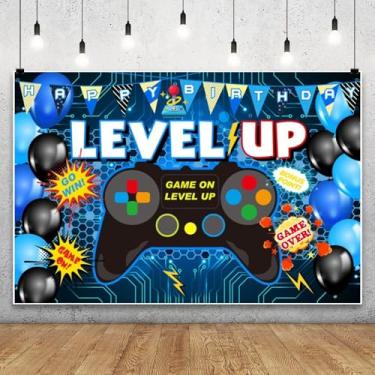 Imagem de Jogo de vídeo game de 1,5 x 0,9 m, feliz aniversário, fundo fotográfico, moderno, abstrato, meninos, meninas, azul, decoração de festa, grafite, decoração de parede, crianças, adultos, retrato e