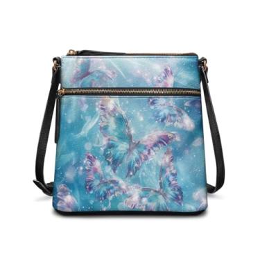 Imagem de AZULCUSTO Bolsas de couro para mulheres, bolsas Hobo de couro para mulheres, bolsa de ombro com bolsos triplos com zíper, Borboleta azul moderna