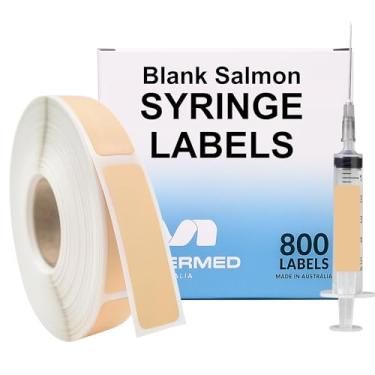 Imagem de Etiquetas de seringa médica de salmão em branco - 800 etiquetas de medicamentos escritas em rolo em caixa de distribuição. Adesivos permanentes fortes e sem látex.