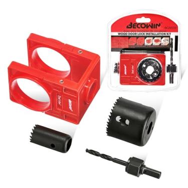 Imagem de BECOWIN Conjunto de instalação de fechadura de porta com gabarito de guia, kit de serra de furo de fechadura de porta para portas de madeira, vermelho