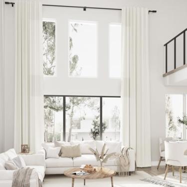 Imagem de Cortinas de linho creme natural de 488 cm de comprimento para sala de estar e quarto 1 painel traseiro com aba traseira privacidade semitransparente Boho Farmhouse cortina de janela com filtro de luz