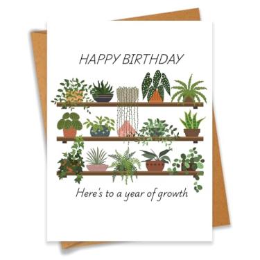 Imagem de Cartão de feliz aniversário para amantes de plantas Here's To A Year Of Growth Cartão botânico para mães e pais de plantas - Tamanho 16 x 12 cm em branco por dentro com envelope Kraft