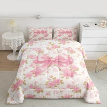 Imagem de jejeloiu Conjunto de edredom de casal com laço fofo de desenho animado para crianças, meninos, rosa, edredom para decoração de quarto, 2 peças com 1 fronha