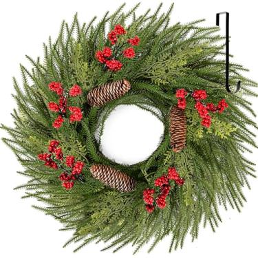 Imagem de WellSign Guirlandas artificiais de Natal de 50 cm para porta da frente, guirlanda grande de pinheiro verde de inverno com frutas vermelhas e cabides, guirlanda de porta de toque real para parede