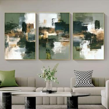 Imagem de Arte de parede em tela verde e branca pintura de textura abstrata verde neutra conjunto de 3 arte neutra moderna minimalista neutra para sala de estar pintura em tela verde sálvia 40 x 61 cm x 3 peças