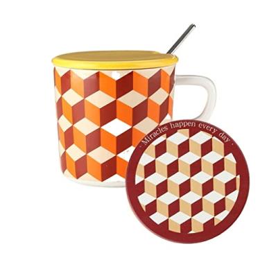 Imagem de GRFIT Caneca quadriculada copo de cerâmica com tampa e colher marca copo par par de água xícara de café casa romance café da manhã copo de leite caneca de café (cor: E)