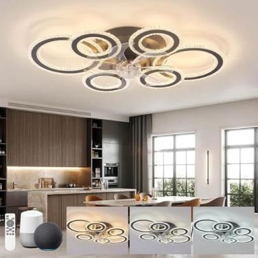 Imagem de Ventilador de teto circular com luz silenciosa, ventiladores de teto pretos com lâmpadas funcionam com Alexa e Google Assistant, motor DC, ventilador reversível regulável com luzes de teto p