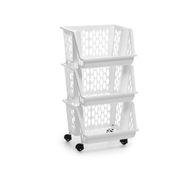 Imagem de Organizador Multiuso Cesto de Plástico c Rodinhas 2, 3 ou 4 andares Empilhável (triplo branco)