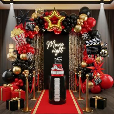 Imagem de Conjunto de arco de guirlanda de balão temático de noite de cinema, 119 peças, vermelho, preto, dourado com câmera Mylar, estrelas, pipocas, filmes, palmas para decoração de festa de formatura de