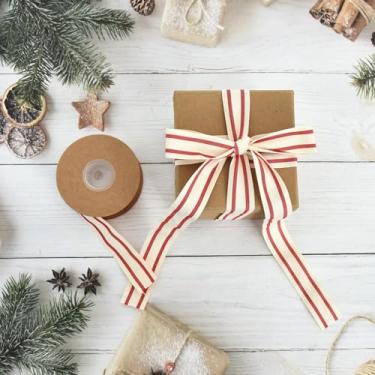 Imagem de Fita listrada de Natal com rolo de 10 jardas, fita de embrulho para presente, acessório de artesanato natural, fita de cetim, artesanato DIY (2,5 cm)