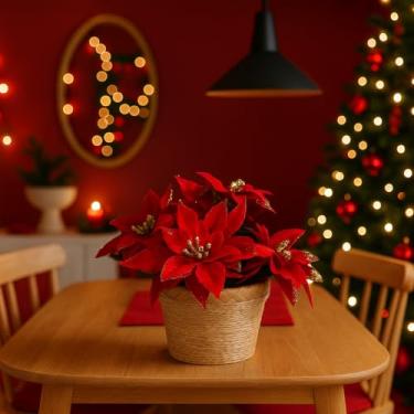 Imagem de Arranjo de Flor de Natal Artificial com Brilho, Vaso de Palha com 2 Buquês de Bico de Papagaio Vermelho, 12x21cm, Decoração para Casa e Festas Natalina