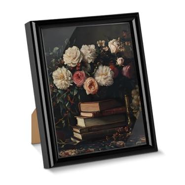 Imagem de Livros Flores Dark Academia Wall Art Poster Floral Vintage Print Picture for Desktop, Pintura Estética Emoldurada para Leitura em Casa Canto Decoração de Mesa de Parede 15 x 20 cm