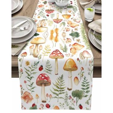 Imagem de Caminho de mesa de cogumelo joaninha caminho de mesa 33 x 183 cm de comprimento folha verde caminho de jantar cozinha decoração de mesa de jantar para decoração de festa em casa