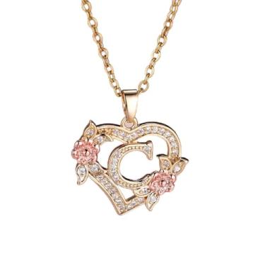 Imagem de Colar feminino com pingente de coração e flor, 26 letras, ouro de aço inoxidável - joia personalizada em tom, Onesize, Aço inoxidável, Strass