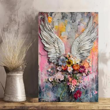 Imagem de Arte de parede em tela rústica vintage arranjo floral asas de anjo - Pôster sem moldura de 30 x 45 cm - Decoração de casa e escritório para sala de estar, quarto, cozinha e café