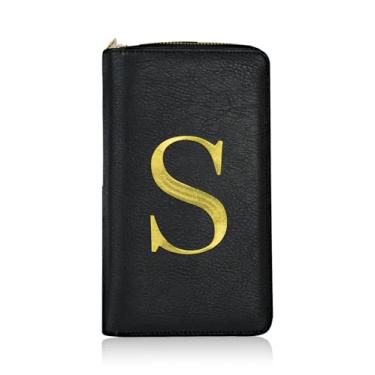 Imagem de Carteira com inicial para mulheres, porta-moedas para mulheres, carteira fina, carteira de couro, carteiras de cartão para mulheres, presentes, Preto, P