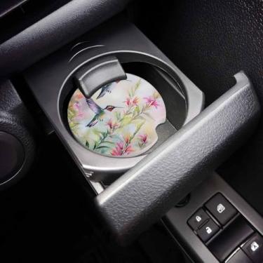 Imagem de Conjunto de 2 porta-copos para copo de carro com beija-flor em aquarela, rosa, verde, pedra de cerâmica absorvente com entalhe de dedo para facilitar a remoção do porta-copo automático