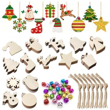 Imagem de Framendino, Pacote com 70 enfeites de madeira de Natal com mini sinos para artesanato, 14 estilos de decoração pendurada em fatias de madeira inacabadas