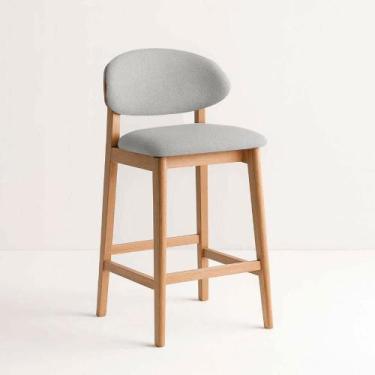 Imagem de Banqueta Alta com Encosto em Linho e Base de Madeira Natural para Cozi