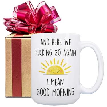 Imagem de Caneca de aniversário engraçada presentes para mulheres e homens - And Here We Fking Go Again caneca amante de café elefante branco presentes de Natal dia das mães para adultos amigos, presente de