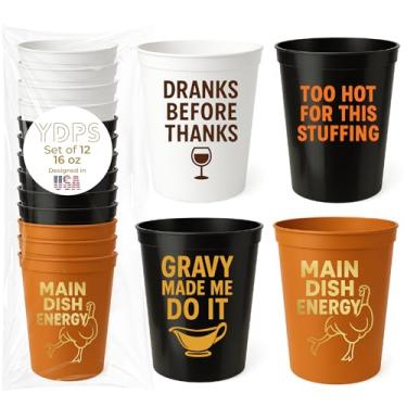 Imagem de Copos de Ação de Graças - Prato Principal Estilo Energético (4 designs exclusivos) - Conjunto de 12 copos engraçados de Ação de Graças de 473 ml cada - Decorações de Feliz Dia de Ação de Graças