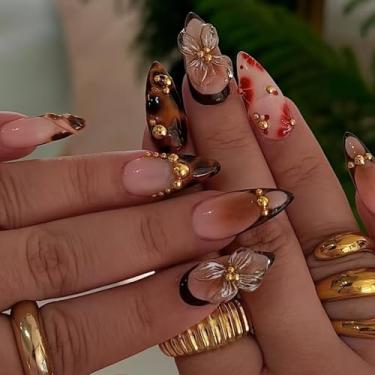Imagem de 12 tamanhos – 24 peças kit de unhas 3D marrom dourado flor prensa nas unhas - carapaça de tartaruga leopardo design gradiente de flor francesa, prensa de unhas falsas feitas à mão para mulheres, 24