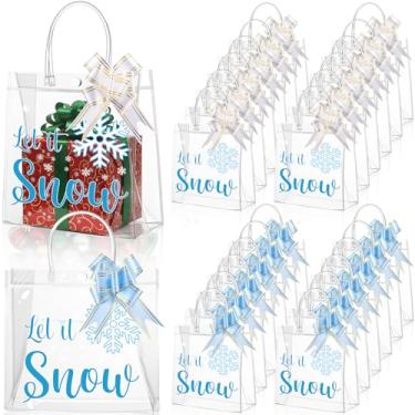 Imagem de Sweetude Pacote com 24 sacos de presente transparentes de Natal a granel com alças e laços brancos azuis 19 x 19 x 8 cm, sacolas de doces de PVC de floco de neve azul para presente transparente para