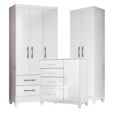 Imagem de Guarda Roupa Infantil Lima Com Cômoda Vênus Com Pés E Armário Multiuso New íris Branco Brilho - Moval