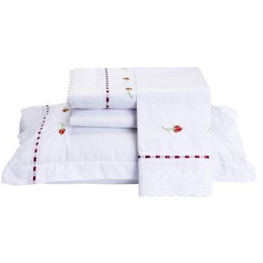 Imagem de Jogo De Lençol Yasmin Queen 4 Peças Percal 200 Fios 100% Algodão Bordado Floral - Branco