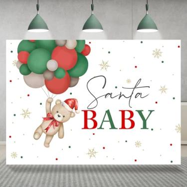 Imagem de Rsuuinu Pano de fundo de Papai Noel, Natal, chá de bebê, urso, verde, vermelho, balão We Can Bearly Wait; fundo fotográfico, decoração de festa de aniversário para recém-nascidos, faixa favorável para